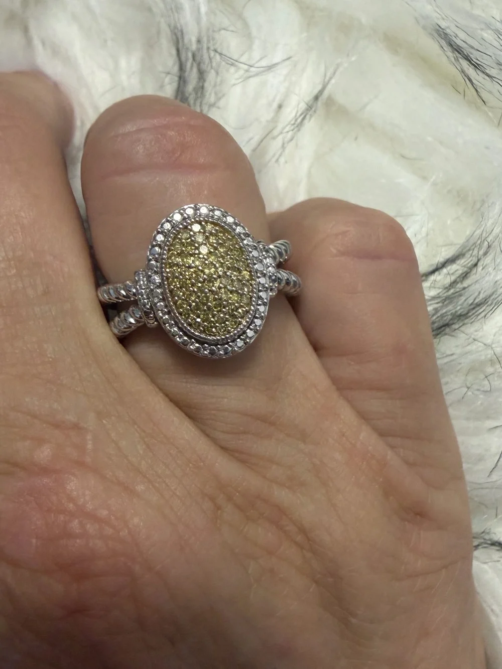Sterling Silver Yellow & White Diamond Statement Ring Size 7